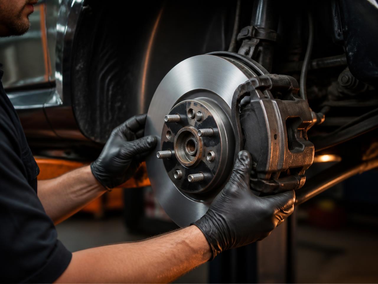 Mechanic installing a new brake rotor on a lifted vehicle