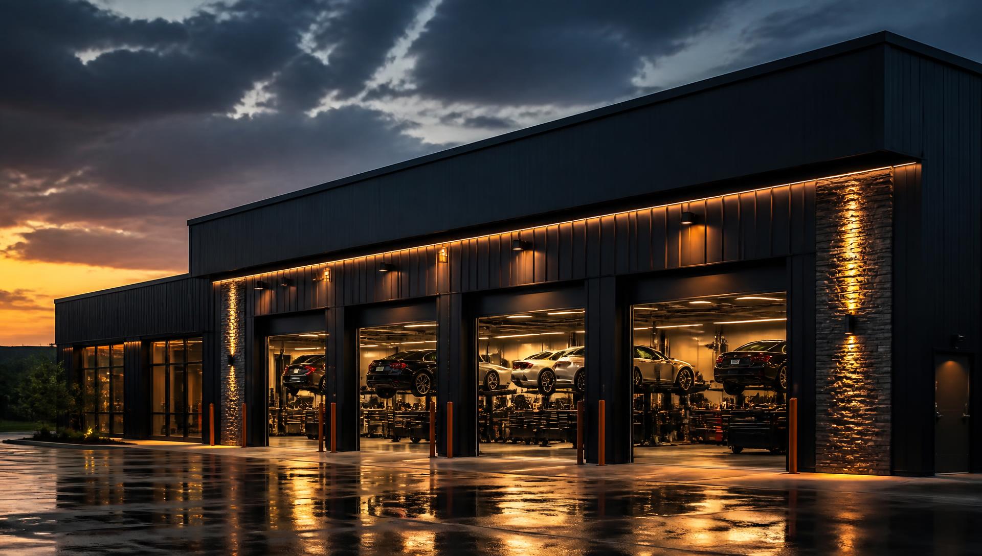 Dynamic Autoworks service bays lit up at dusk