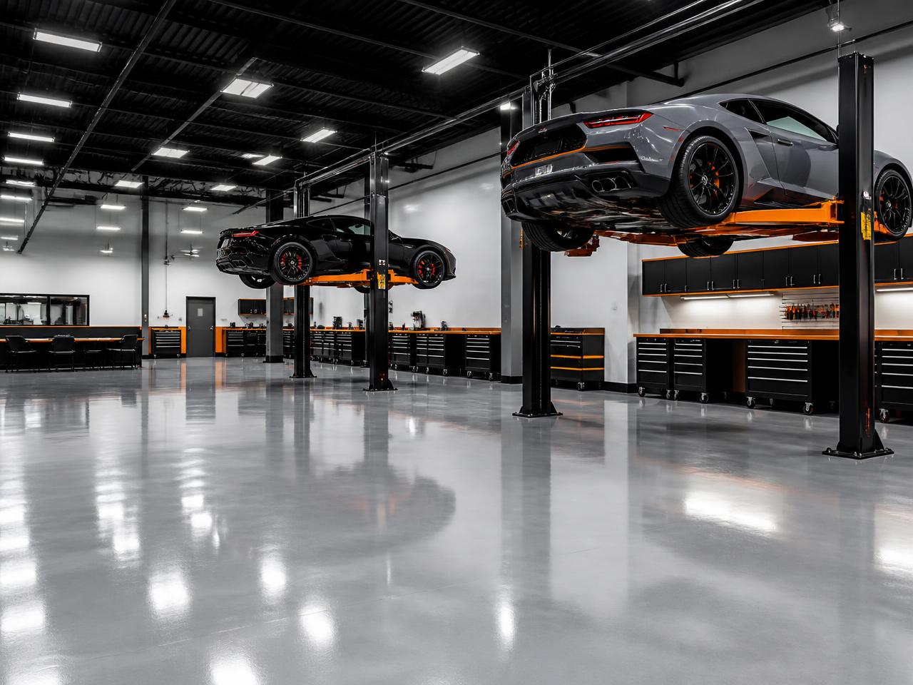 Clean service floor with vehicles on lifts inside Dynamic Autoworks
